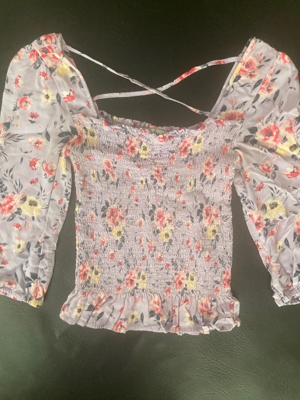 Crave fame purple lavender pink floral smocked cross back ruffle top xs/s